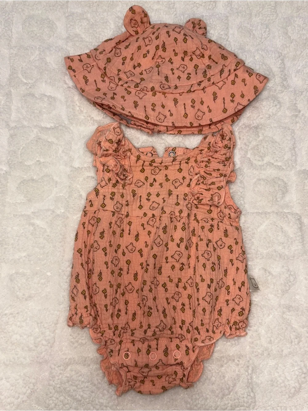 Peach Baby Ruffled Winnie the Pooh Romper with Matching Hat